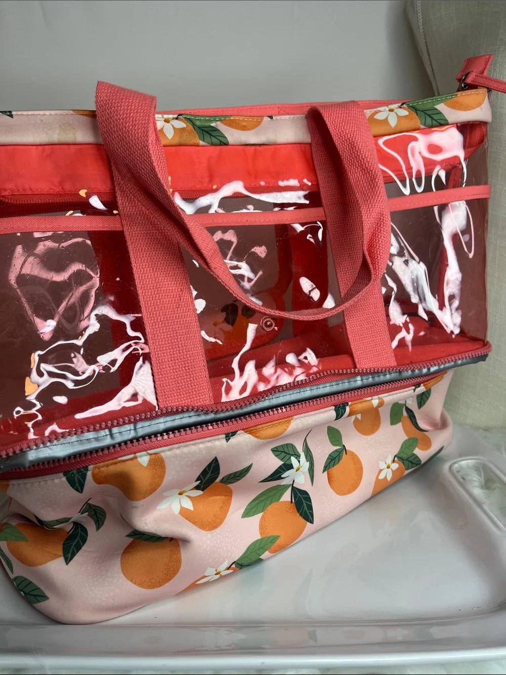 Clear Beach Tote/Thermal Bag  with Orange Blossom Print